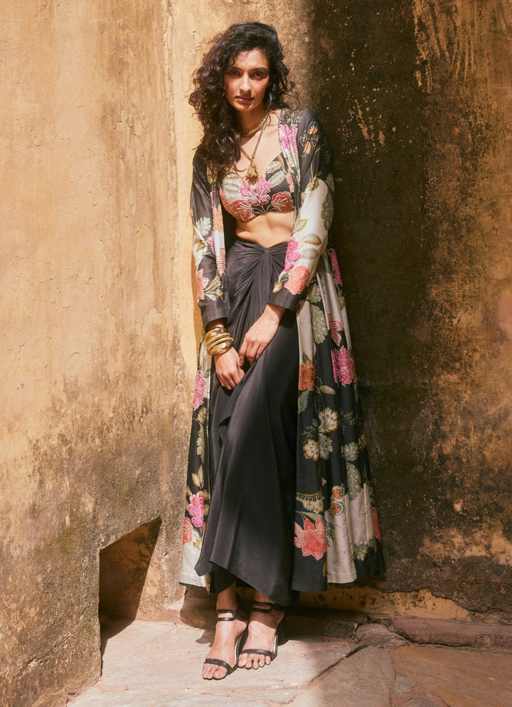Black Floral Drape Skirt Set With Jacket Paulmi and Harsh - Fabilicious Fashion