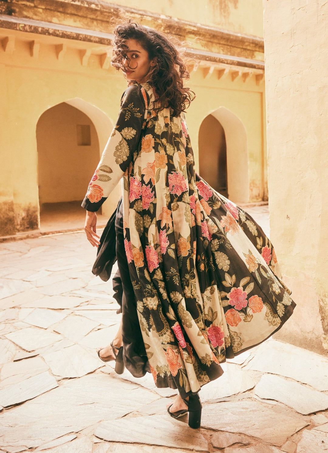 Black Floral Drape Skirt Set With Jacket Paulmi and Harsh - Fabilicious Fashion