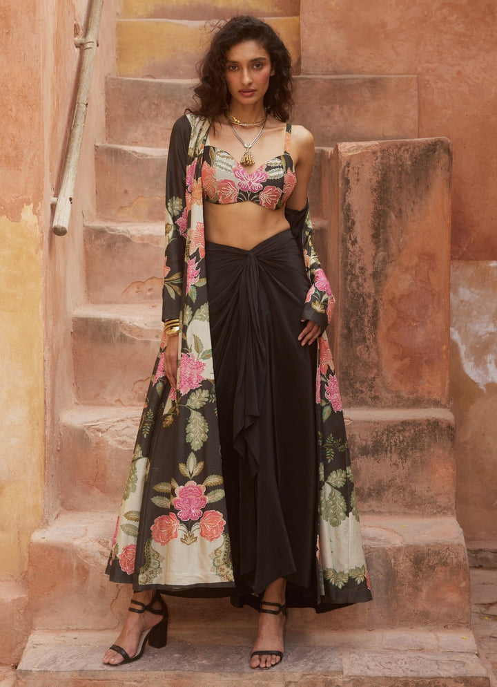 Black Floral Drape Skirt Set With Jacket Paulmi and Harsh - Fabilicious Fashion