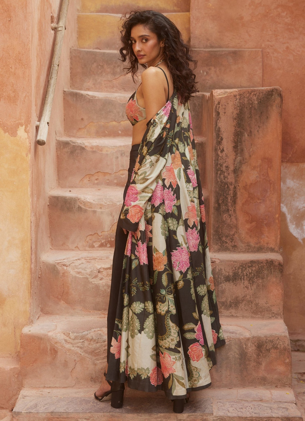 Black Floral Drape Skirt Set With Jacket Paulmi and Harsh - Fabilicious Fashion