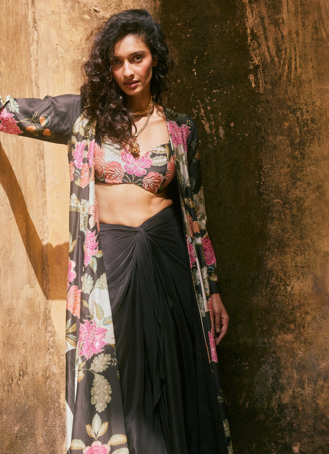 Black Floral Drape Skirt Set With Jacket Paulmi and Harsh - Fabilicious Fashion