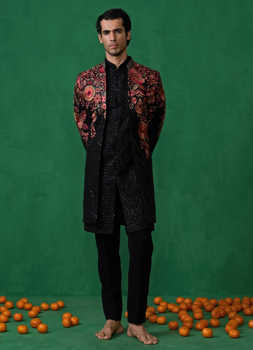 Black Floral Embroidered Georgette Long Jacket Kurta Set Kalpraag - Fabilicious Fashion