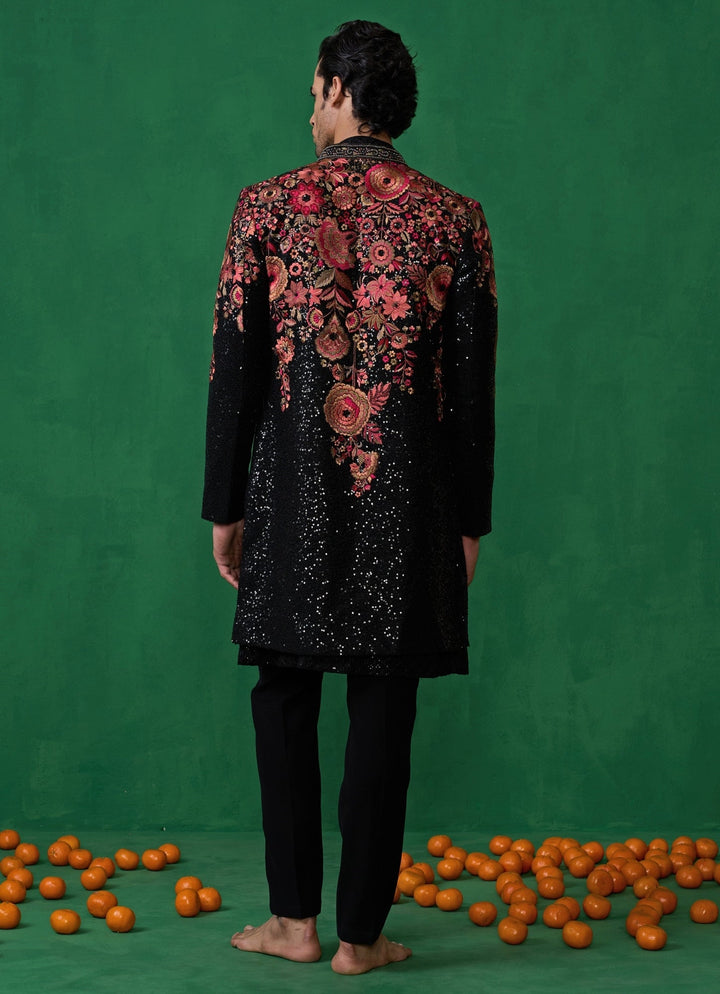 Black Floral Embroidered Georgette Long Jacket Kurta Set Kalpraag - Fabilicious Fashion