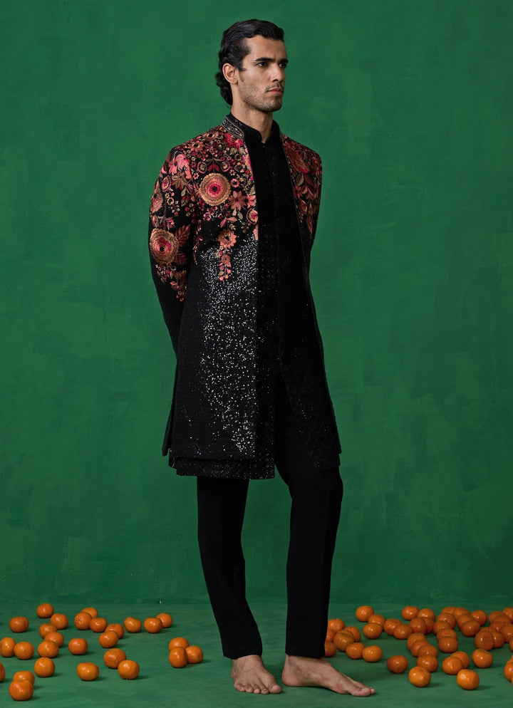 Black Floral Embroidered Georgette Long Jacket Kurta Set Kalpraag - Fabilicious Fashion