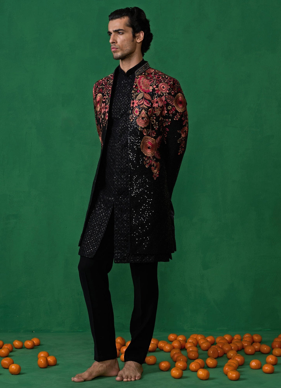 Black Floral Embroidered Georgette Long Jacket Kurta Set Kalpraag - Fabilicious Fashion