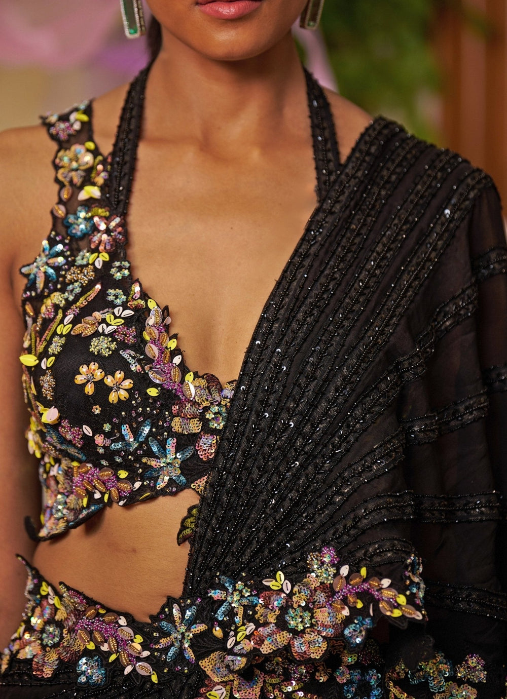 Black Floral Embroidered Pre - Draped Silk Satin Saree Moledro - Fabilicious Fashion