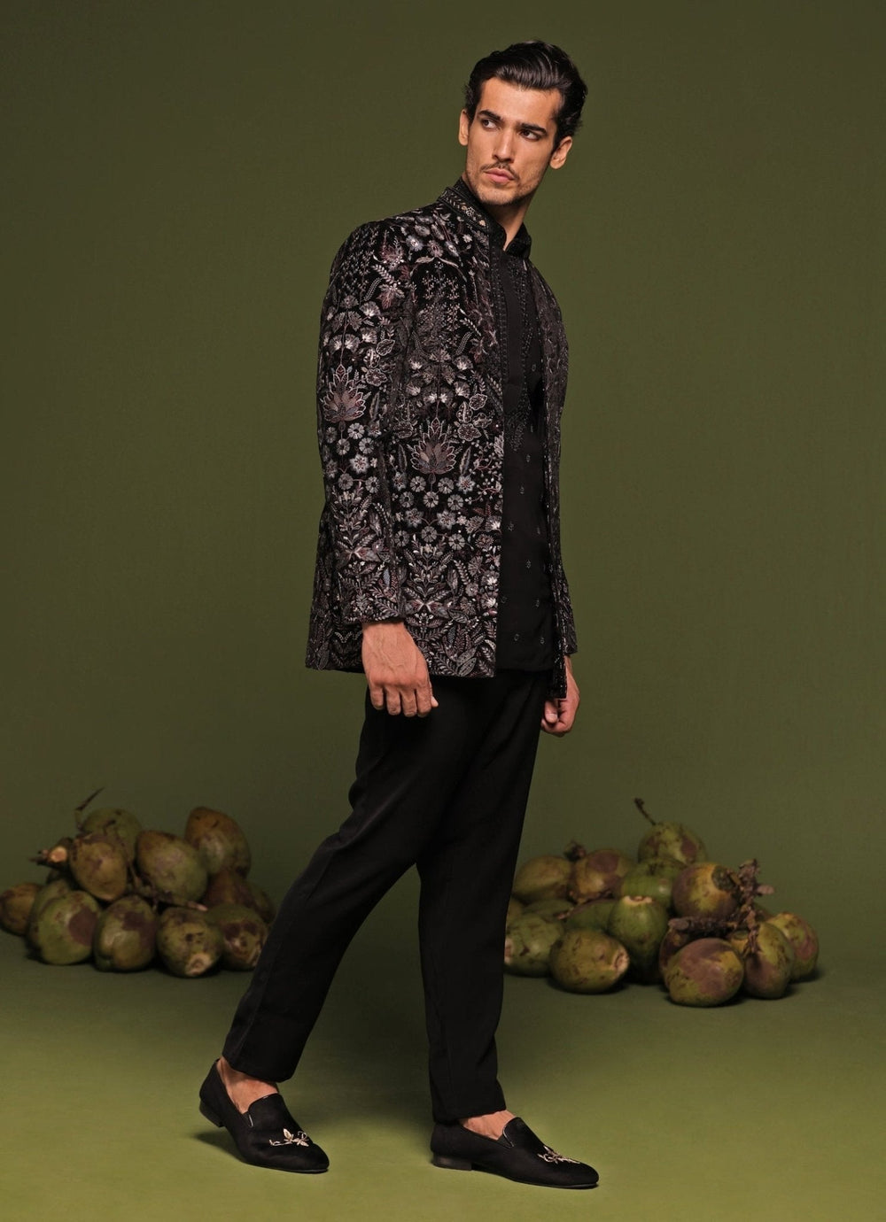Black Floral Embroidered Velvet Jodhpuri Jacket Set Kalpraag - Fabilicious Fashion
