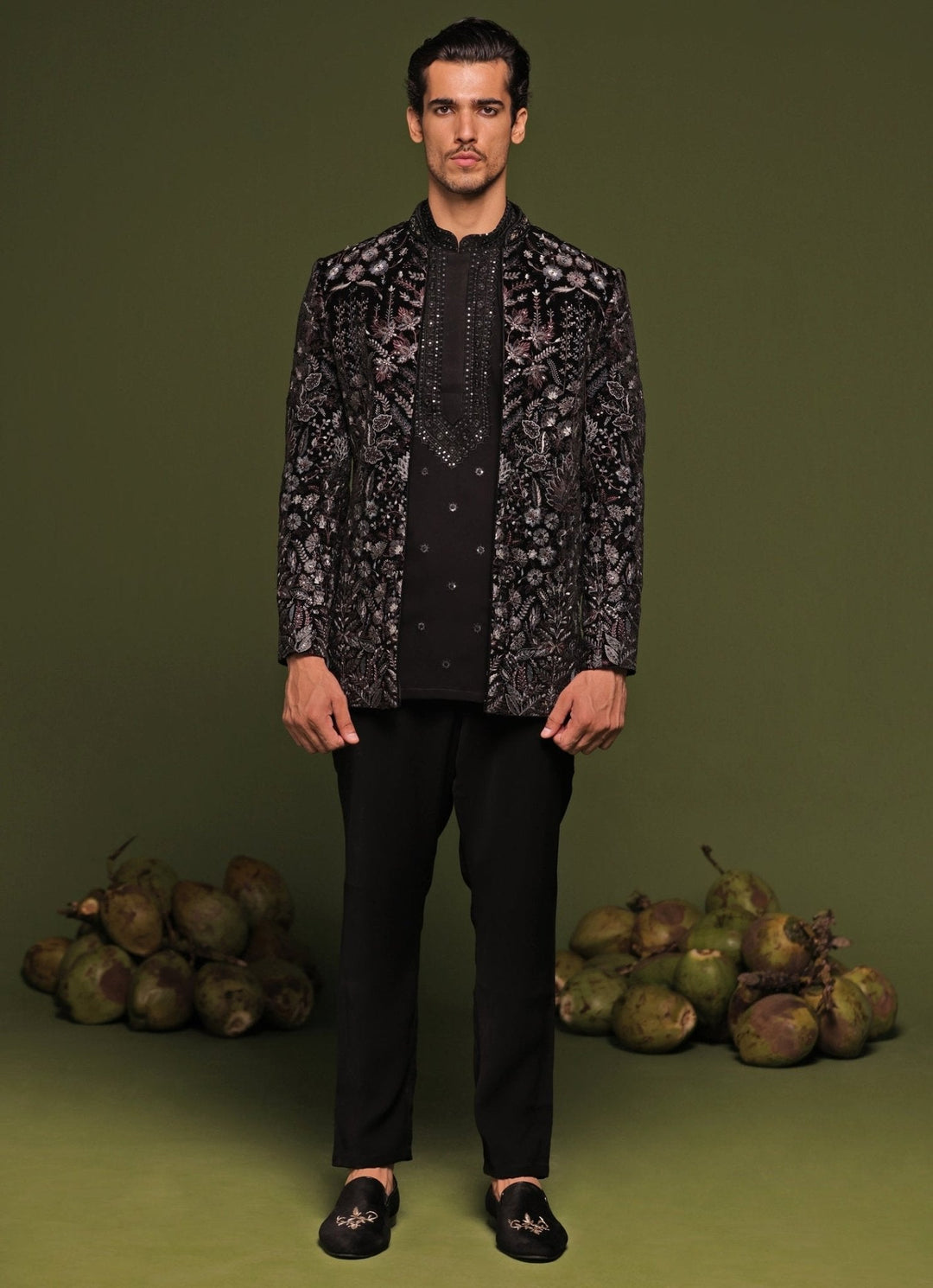 Black Floral Embroidered Velvet Jodhpuri Jacket Set Kalpraag - Fabilicious Fashion