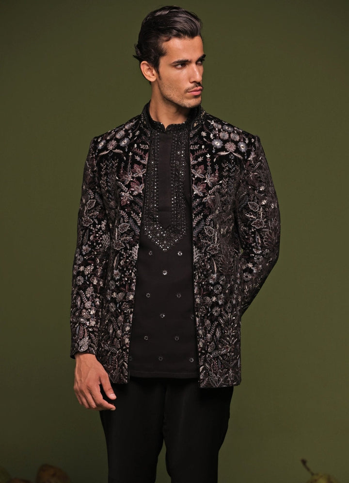Black Floral Embroidered Velvet Jodhpuri Jacket Set Kalpraag - Fabilicious Fashion