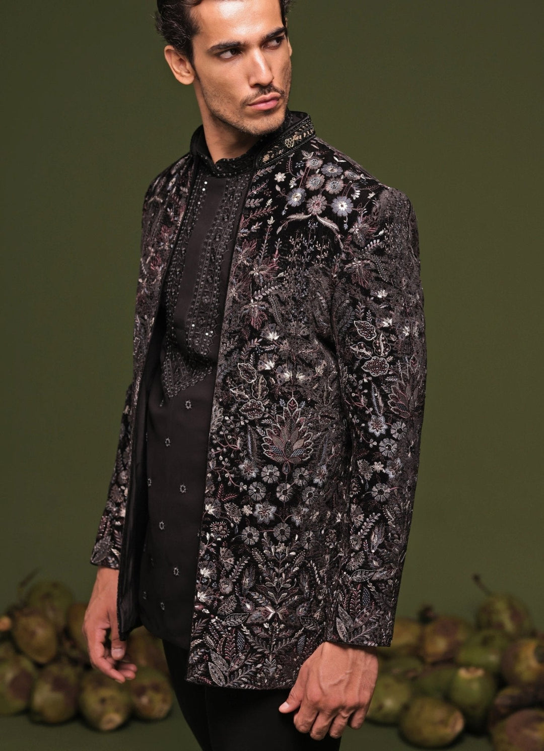 Black Floral Embroidered Velvet Jodhpuri Jacket Set Kalpraag - Fabilicious Fashion