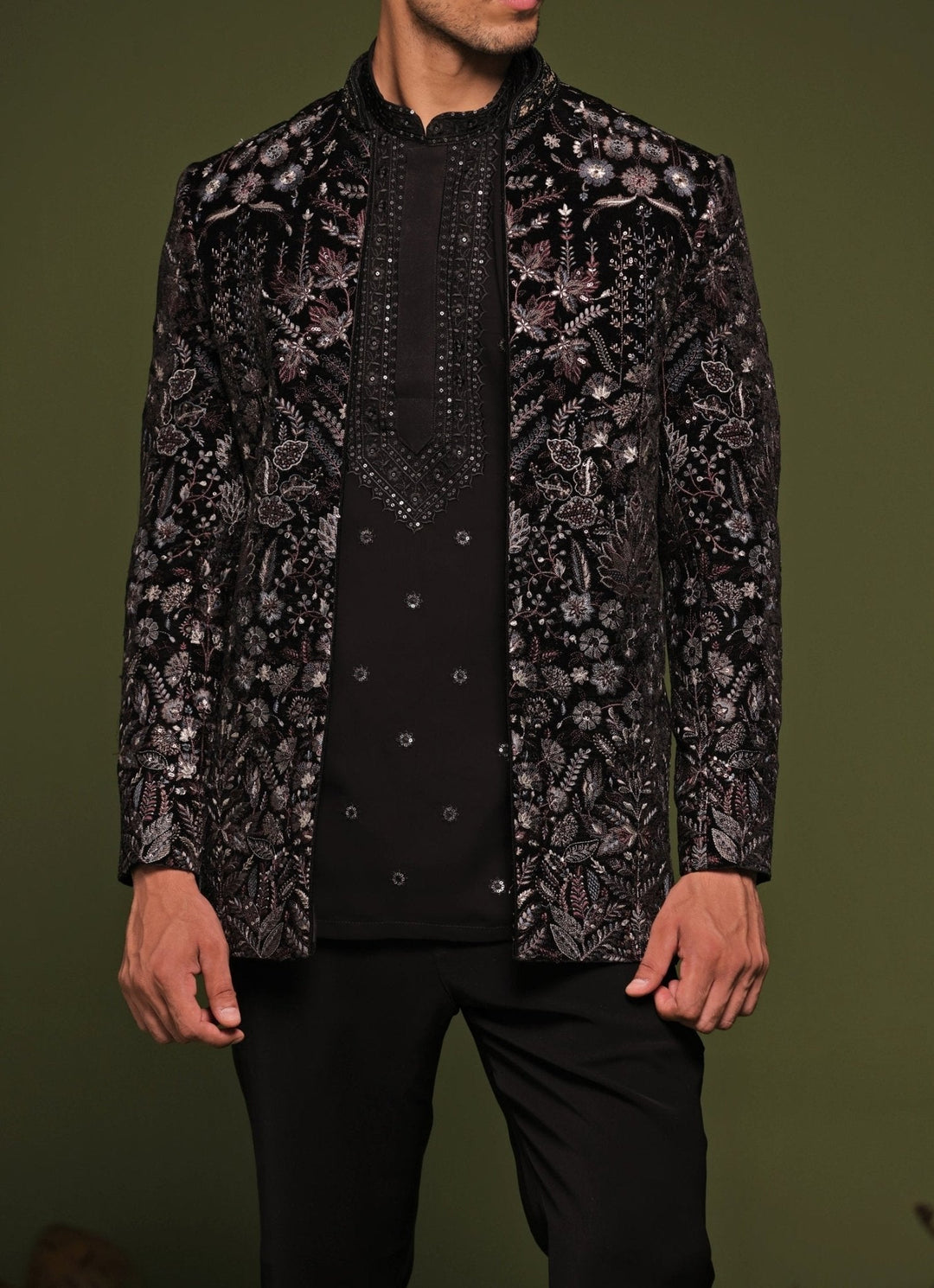 Black Floral Embroidered Velvet Jodhpuri Jacket Set Kalpraag - Fabilicious Fashion