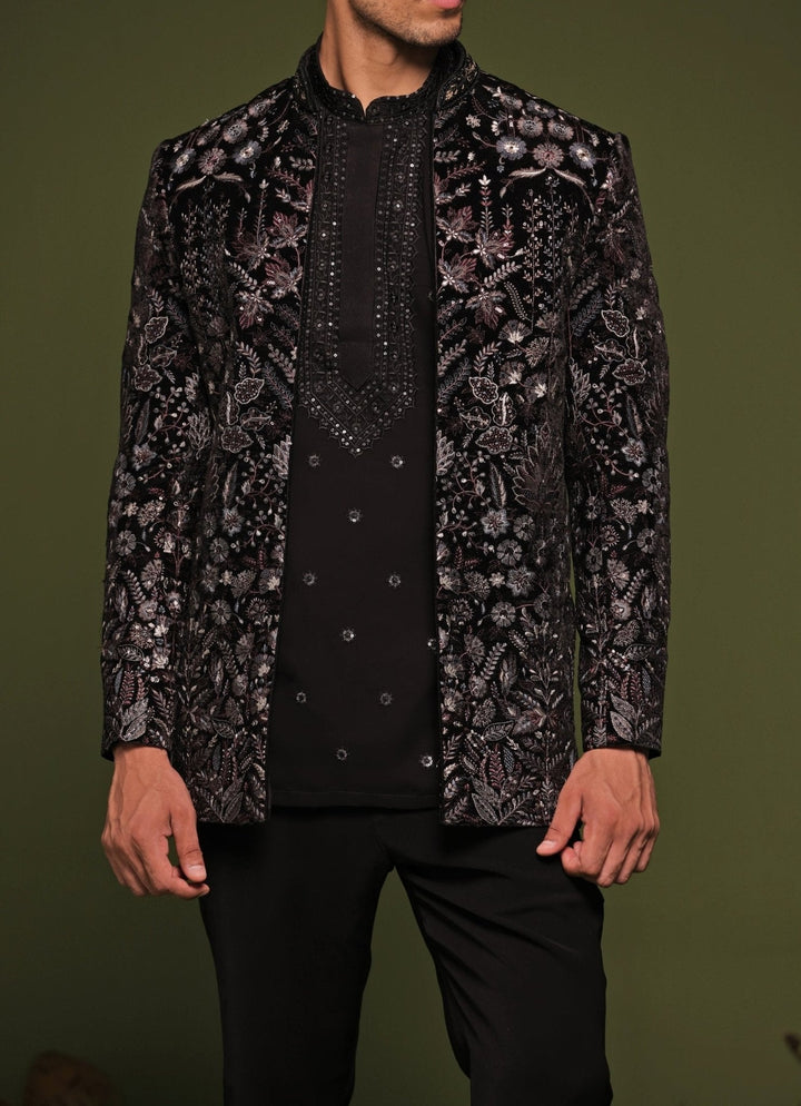 Black Floral Embroidered Velvet Jodhpuri Jacket Set Kalpraag - Fabilicious Fashion