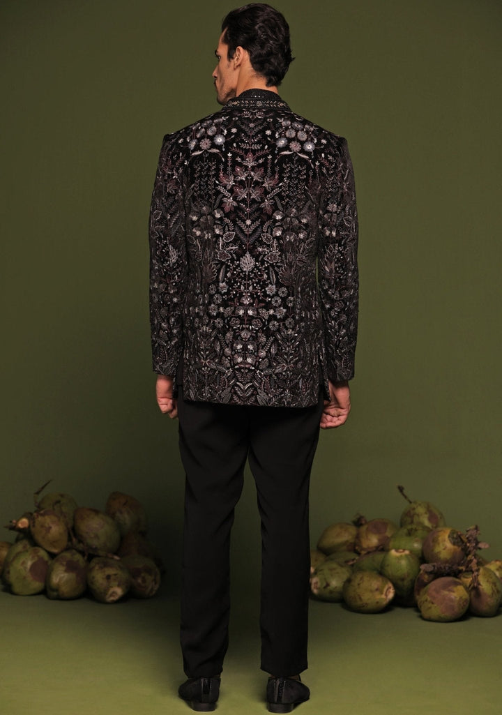 Black Floral Embroidered Velvet Jodhpuri Jacket Set Kalpraag - Fabilicious Fashion