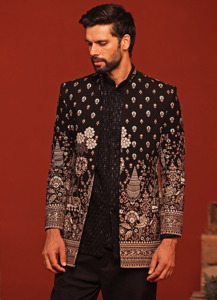 Black Floral Hand - Embroidered Jodhpuri Suit Set Kalpraag - Fabilicious Fashion