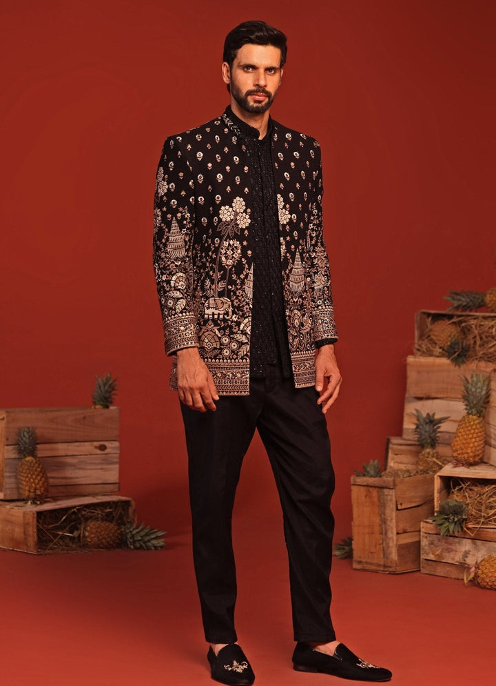 Black Floral Hand - Embroidered Jodhpuri Suit Set Kalpraag - Fabilicious Fashion