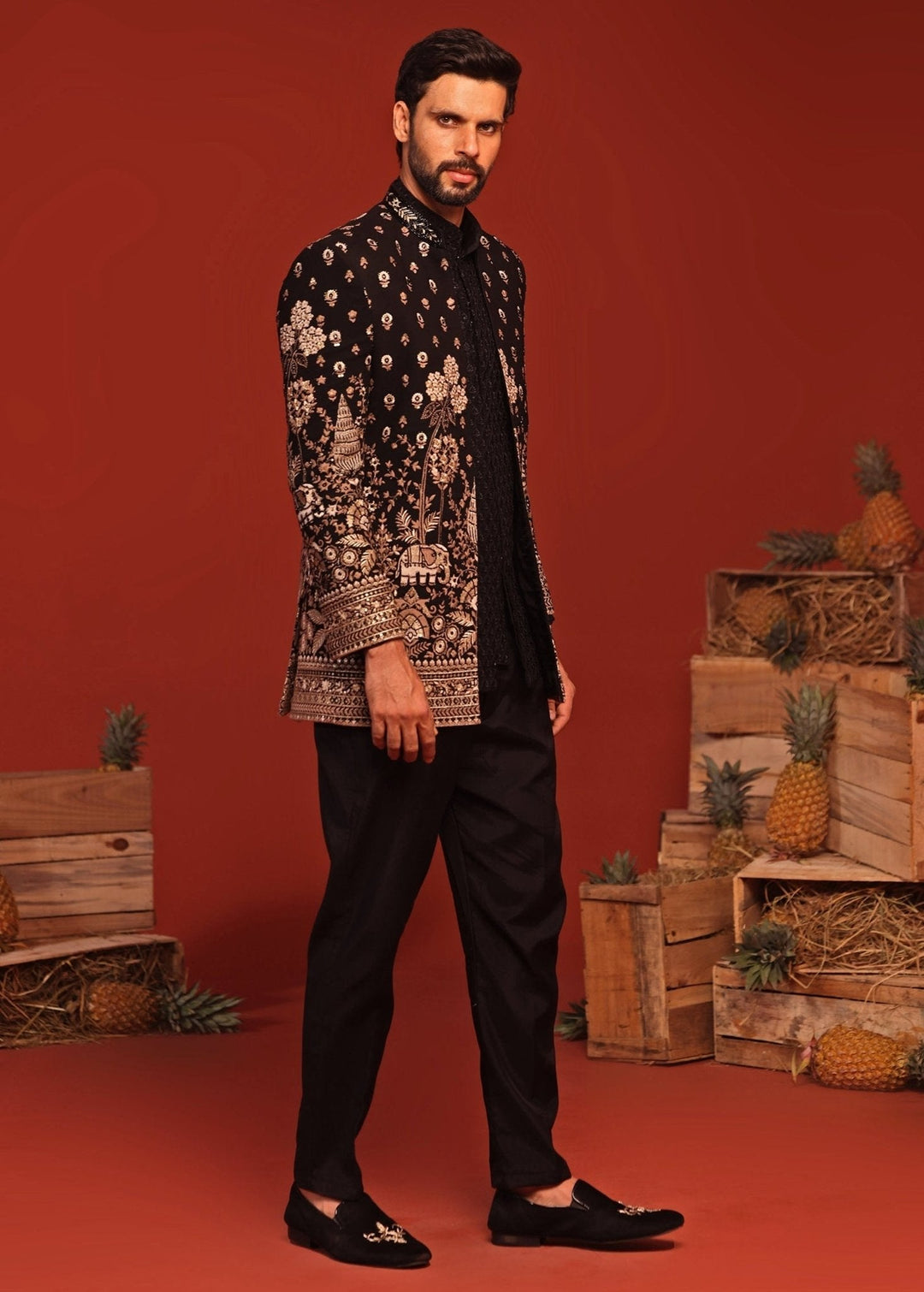 Black Floral Hand - Embroidered Jodhpuri Suit Set Kalpraag - Fabilicious Fashion