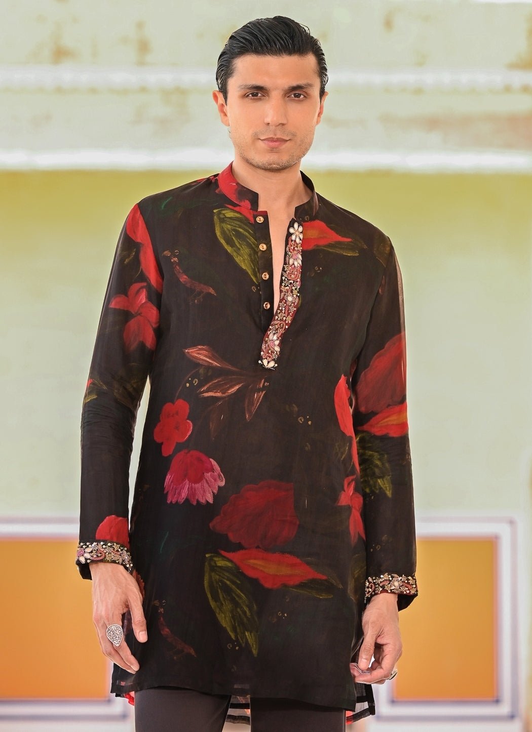 Juhi Bengani - Men Black Floral Organza Kurta Pants SetFabilicious Fashion