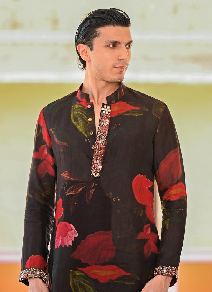 Juhi Bengani - Men Black Floral Organza Kurta Pants SetFabilicious Fashion