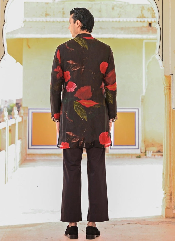 Juhi Bengani - Men Black Floral Organza Kurta Pants SetFabilicious Fashion
