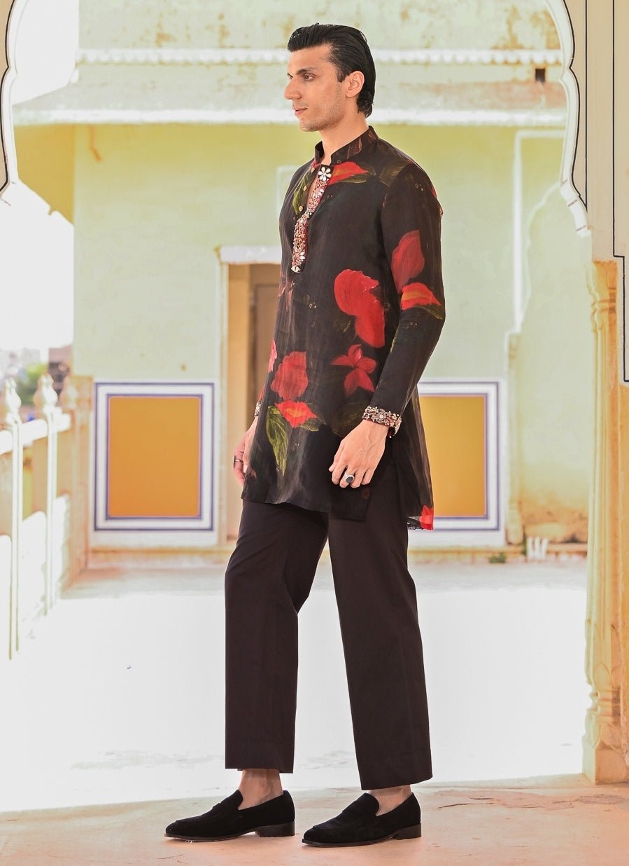 Juhi Bengani - Men Black Floral Organza Kurta Pants SetFabilicious Fashion