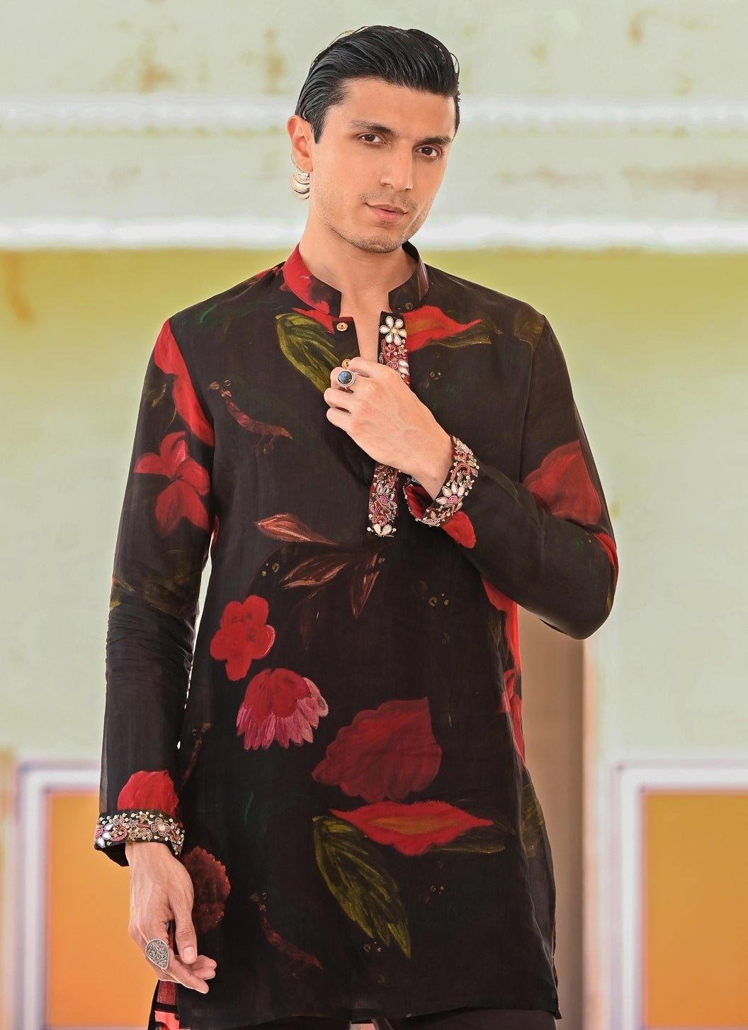 Juhi Bengani - Men Black Floral Organza Kurta Pants SetFabilicious Fashion