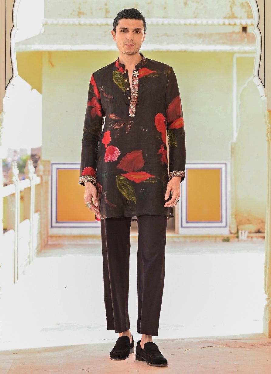 Juhi Bengani - Men Black Floral Organza Kurta Pants SetFabilicious Fashion
