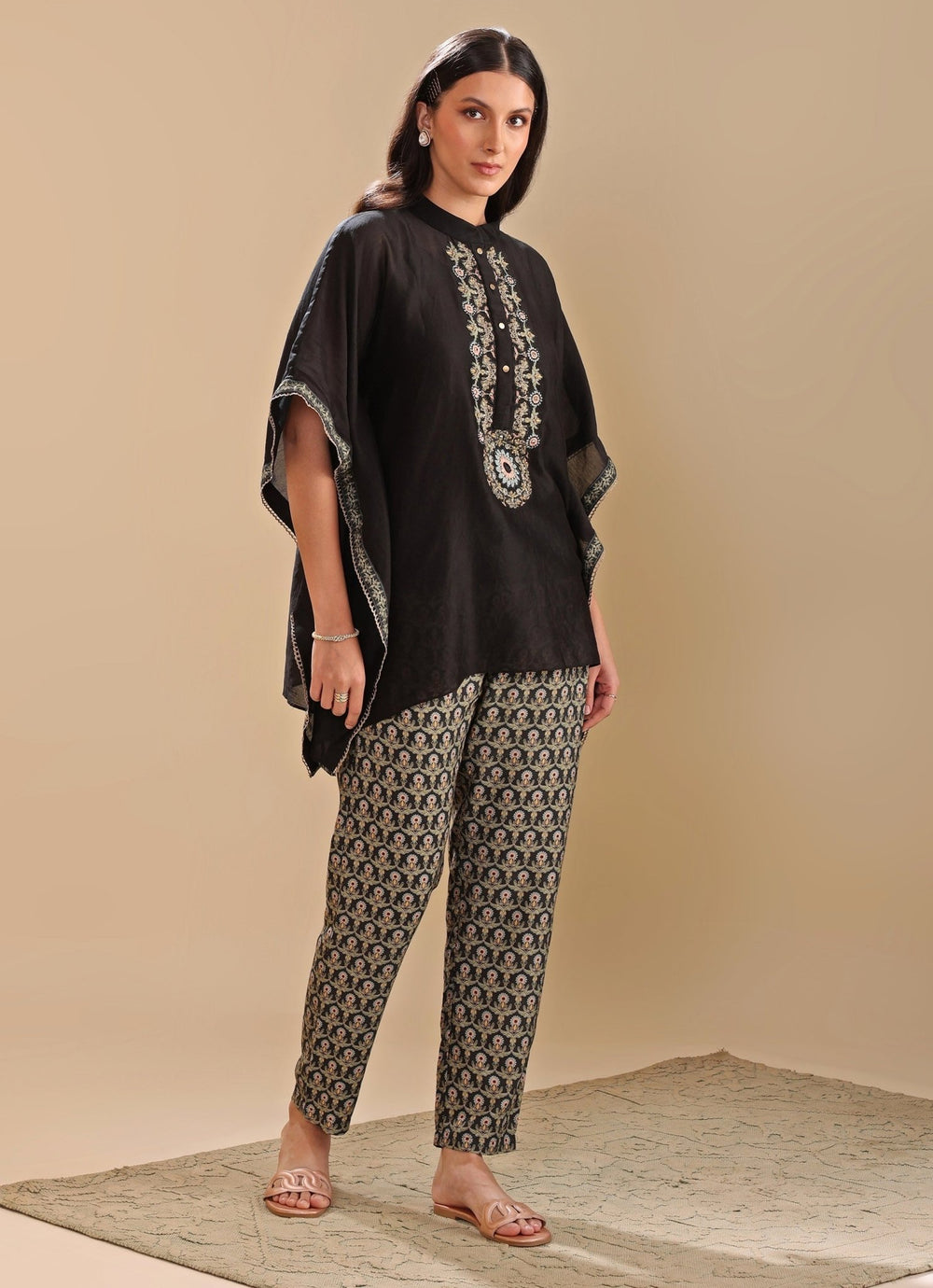 Black Floral Printed And Embroidered Chanderi Kaftan With Pant Soup By Sougat Paul - Fabilicious Fashion