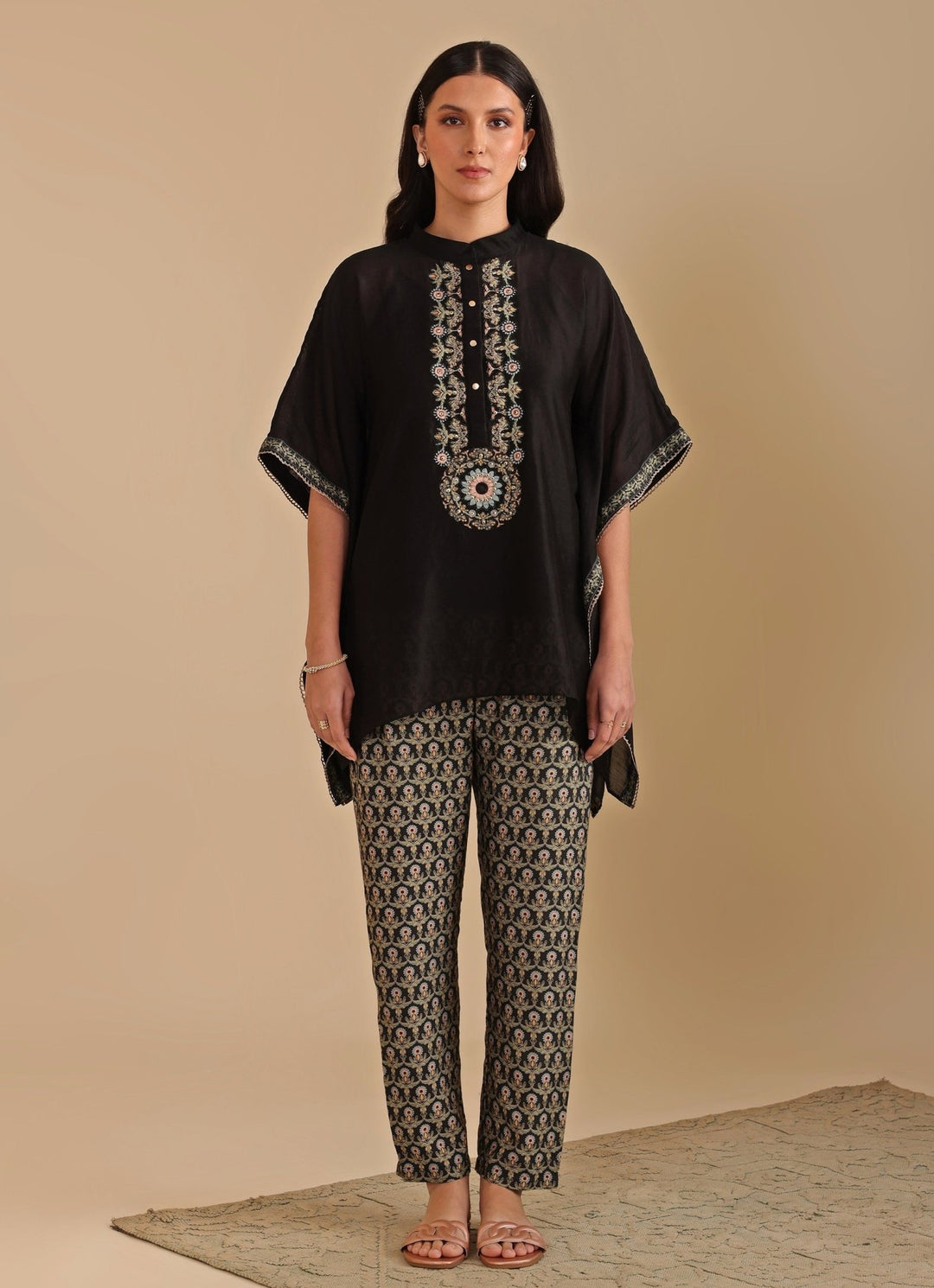 Black Floral Printed And Embroidered Chanderi Kaftan With Pant Soup By Sougat Paul - Fabilicious Fashion