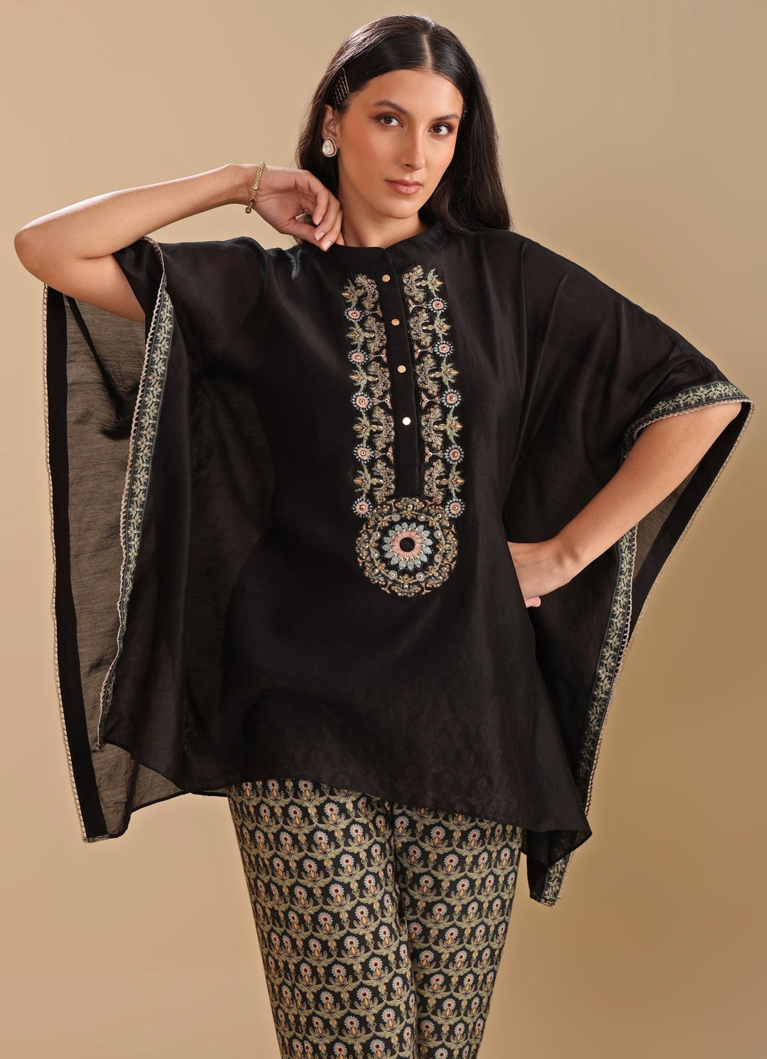 Black Floral Printed And Embroidered Chanderi Kaftan With Pant Soup By Sougat Paul - Fabilicious Fashion