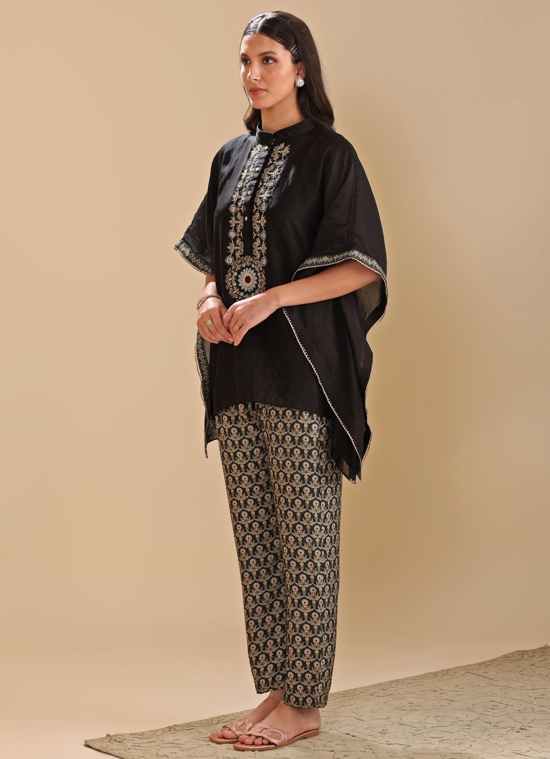 Black Floral Printed And Embroidered Chanderi Kaftan With Pant Soup By Sougat Paul - Fabilicious Fashion