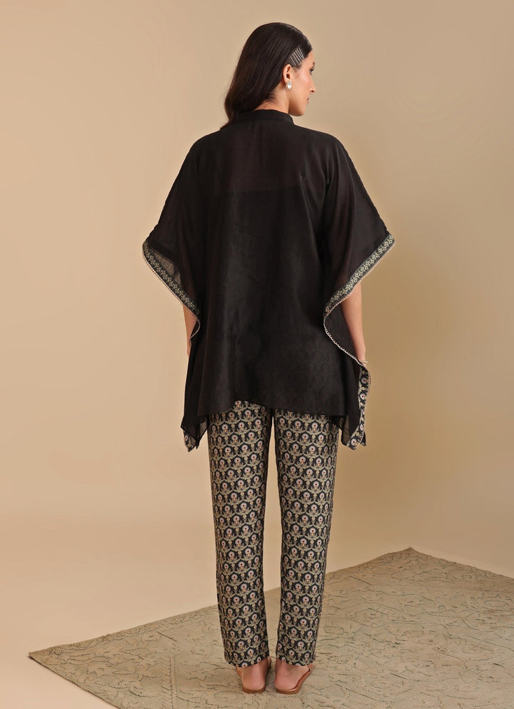 Black Floral Printed And Embroidered Chanderi Kaftan With Pant Soup By Sougat Paul - Fabilicious Fashion
