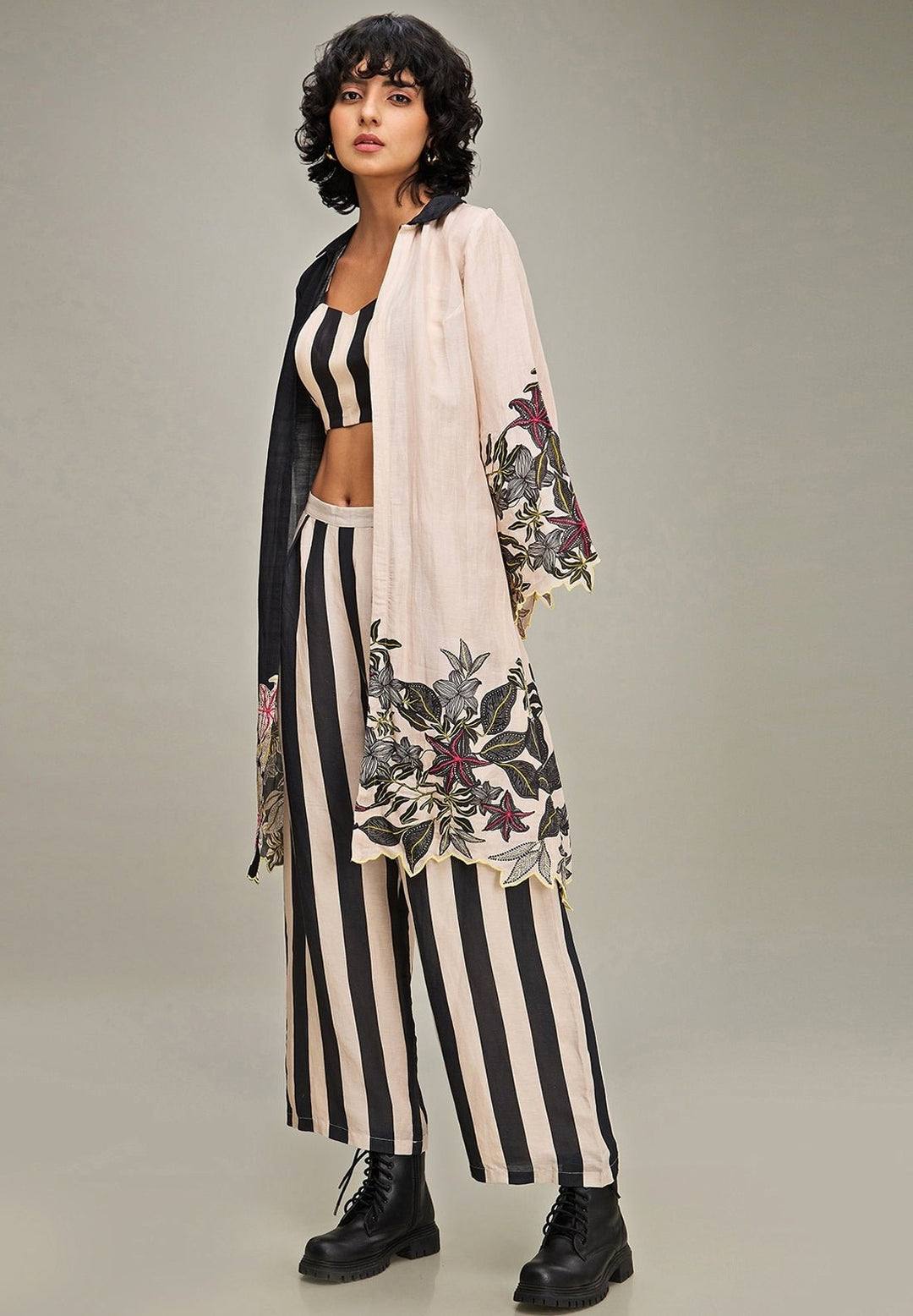 Black Floral Printed And Embroidered Pant Set With Jacket Soup By Sougat Paul - Fabilicious Fashion