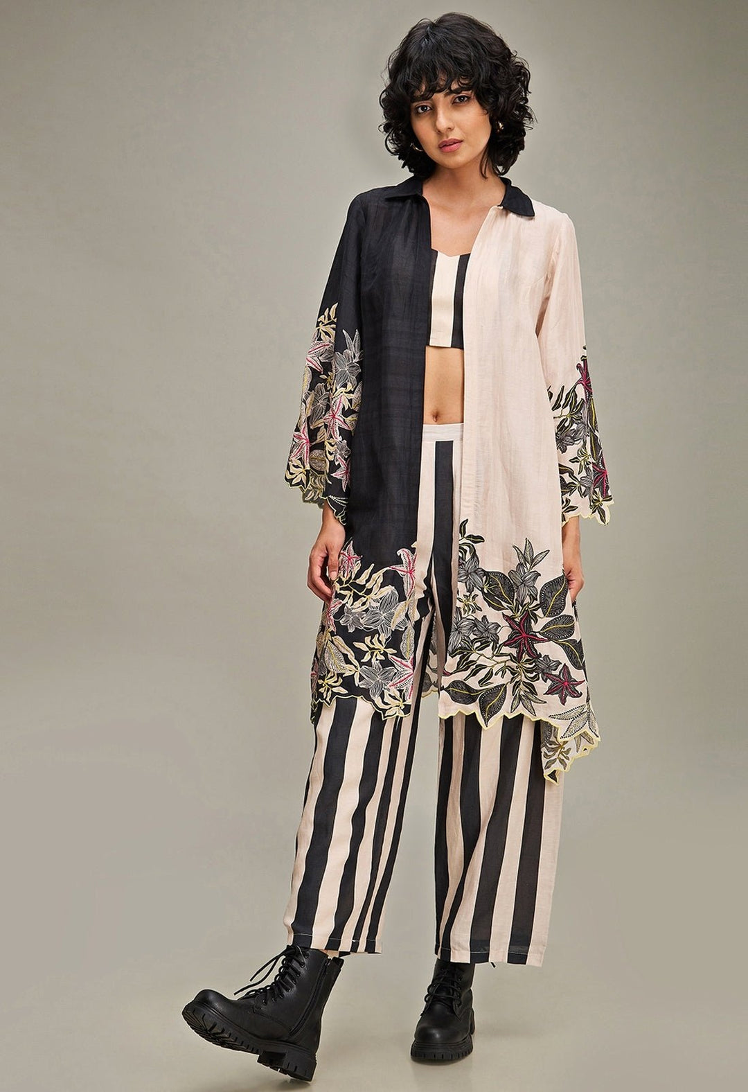 Black Floral Printed And Embroidered Pant Set With Jacket Soup By Sougat Paul - Fabilicious Fashion