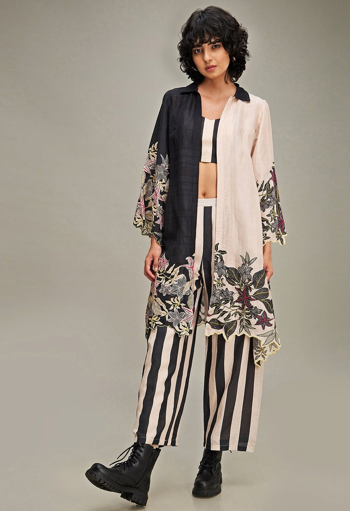Black Floral Printed And Embroidered Pant Set With Jacket Soup By Sougat Paul - Fabilicious Fashion