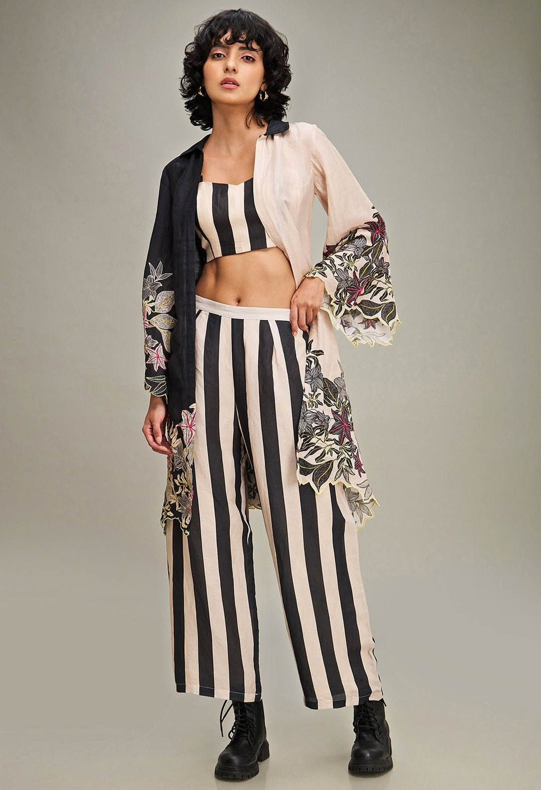 Black Floral Printed And Embroidered Pant Set With Jacket Soup By Sougat Paul - Fabilicious Fashion
