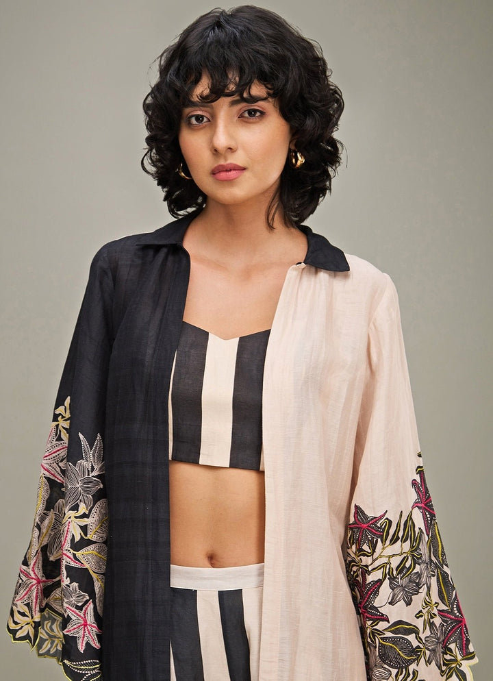 Black Floral Printed And Embroidered Pant Set With Jacket Soup By Sougat Paul - Fabilicious Fashion