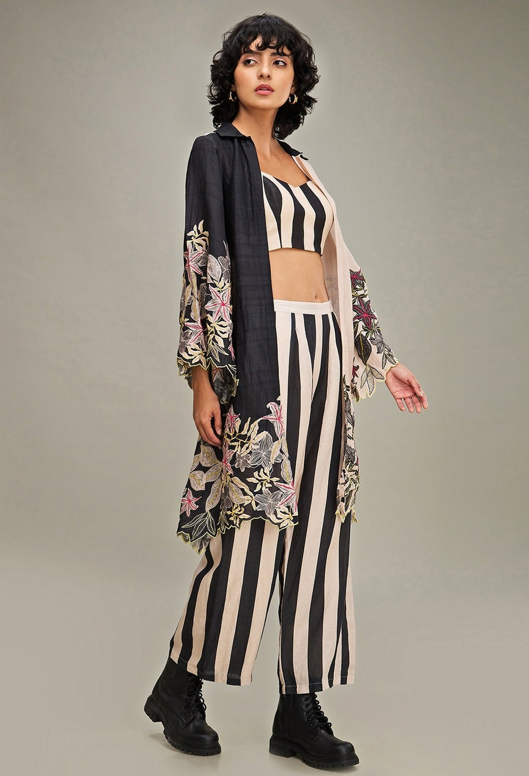 Black Floral Printed And Embroidered Pant Set With Jacket Soup By Sougat Paul - Fabilicious Fashion