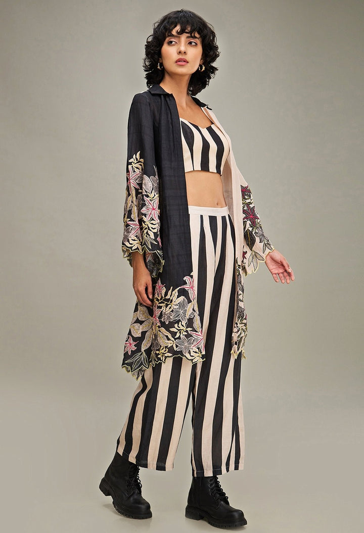 Black Floral Printed And Embroidered Pant Set With Jacket Soup By Sougat Paul - Fabilicious Fashion