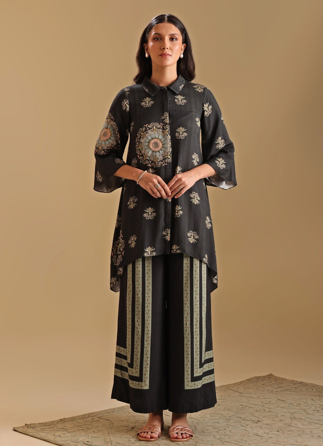 Black Floral Printed Collar Neck Kurta With Pant Soup By Sougat Paul - Fabilicious Fashion