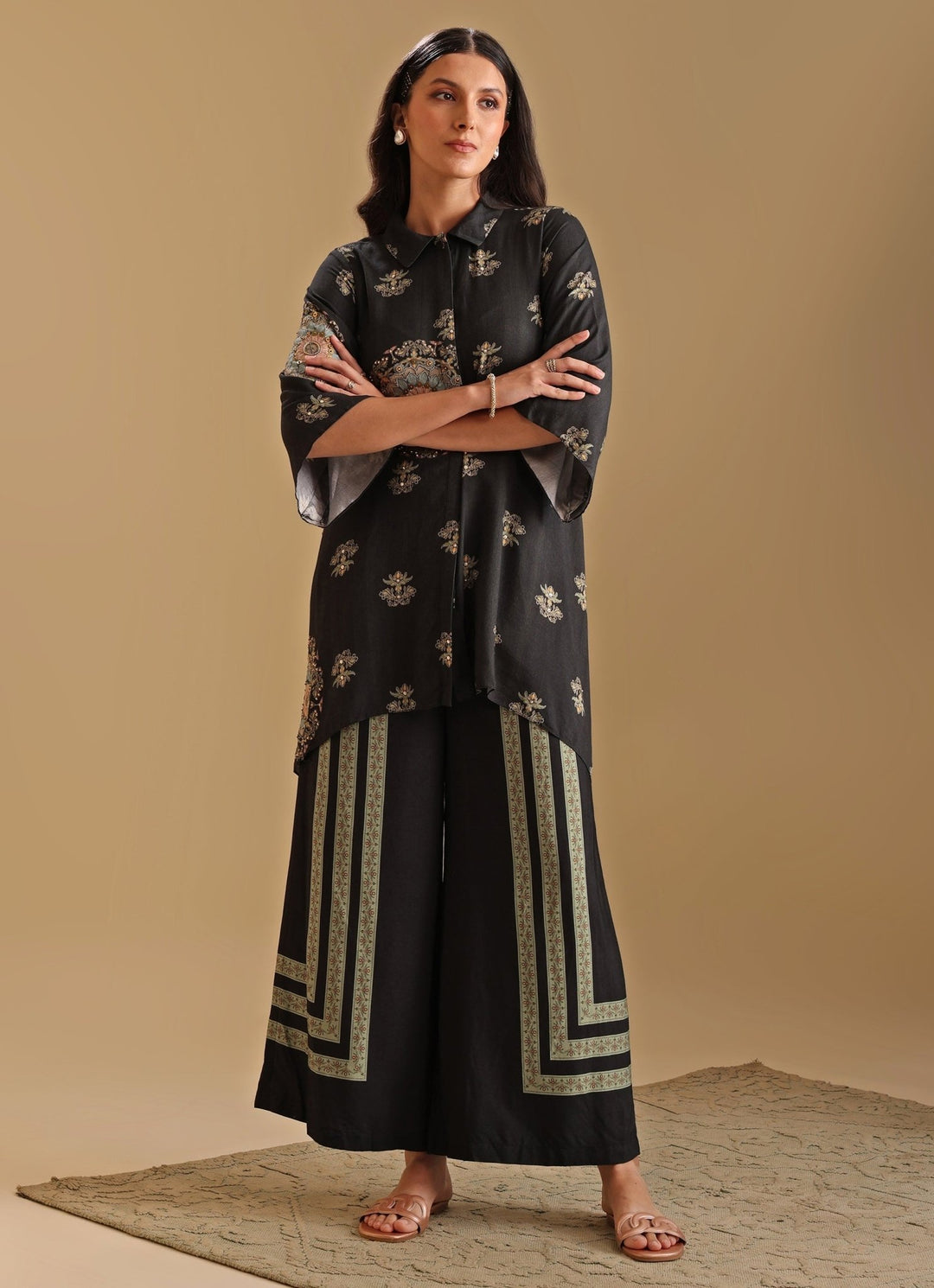 Black Floral Printed Collar Neck Kurta With Pant Soup By Sougat Paul - Fabilicious Fashion