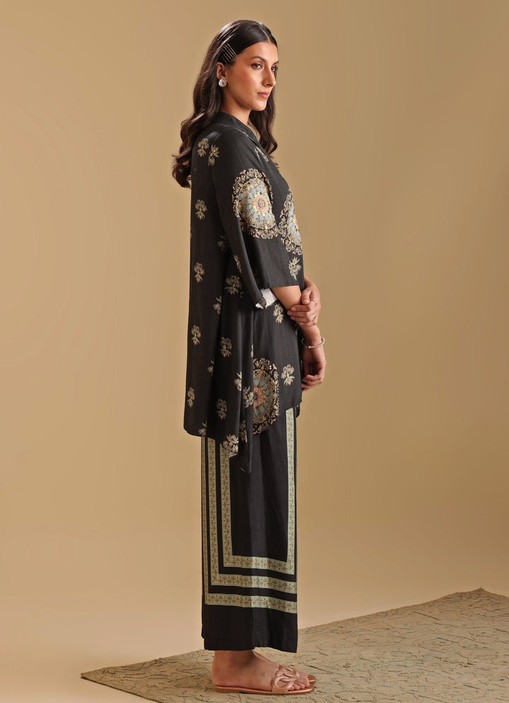 Black Floral Printed Collar Neck Kurta With Pant Soup By Sougat Paul - Fabilicious Fashion