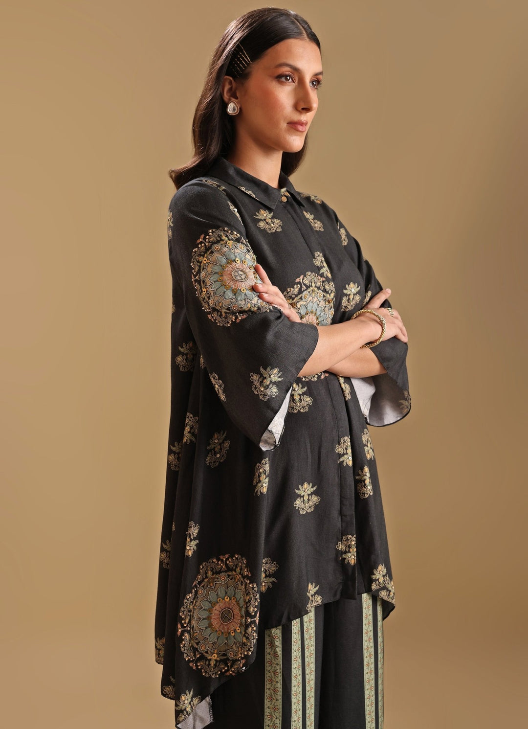 Black Floral Printed Collar Neck Kurta With Pant Soup By Sougat Paul - Fabilicious Fashion