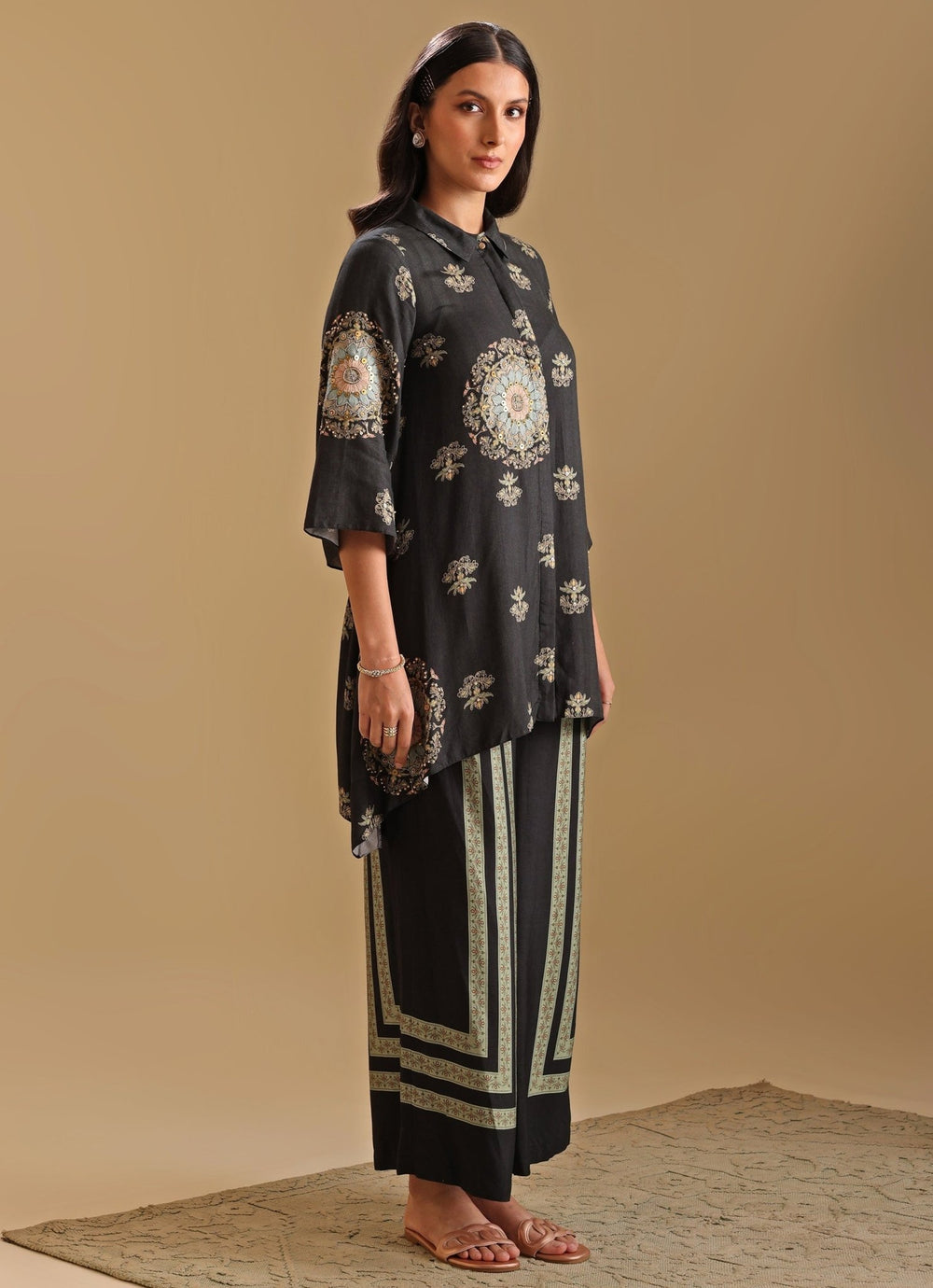 Black Floral Printed Collar Neck Kurta With Pant Soup By Sougat Paul - Fabilicious Fashion