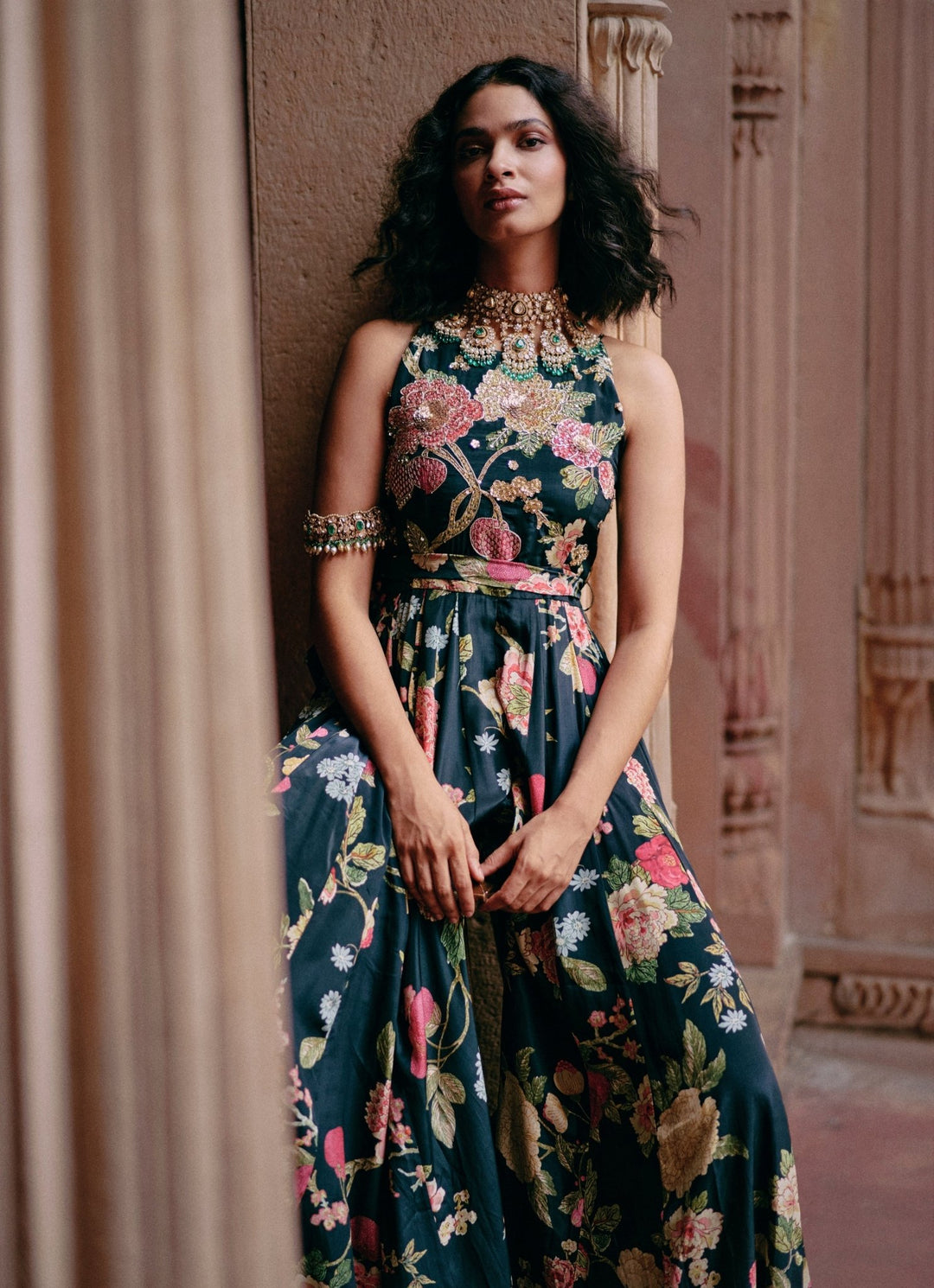 Black Floral Printed Crepe Jumpsuit Paulmi and Harsh - Fabilicious Fashion