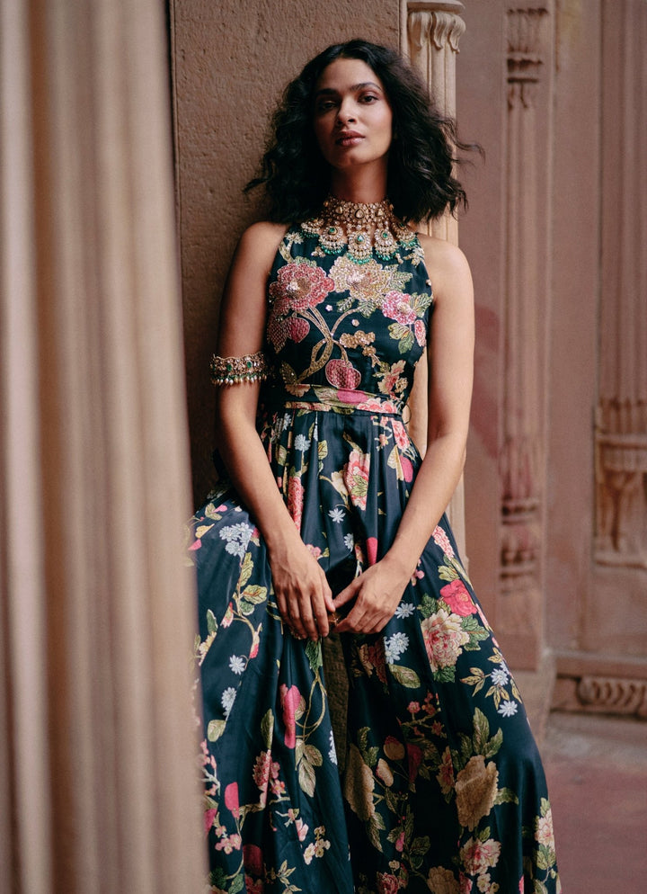 Black Floral Printed Crepe Jumpsuit Paulmi and Harsh - Fabilicious Fashion