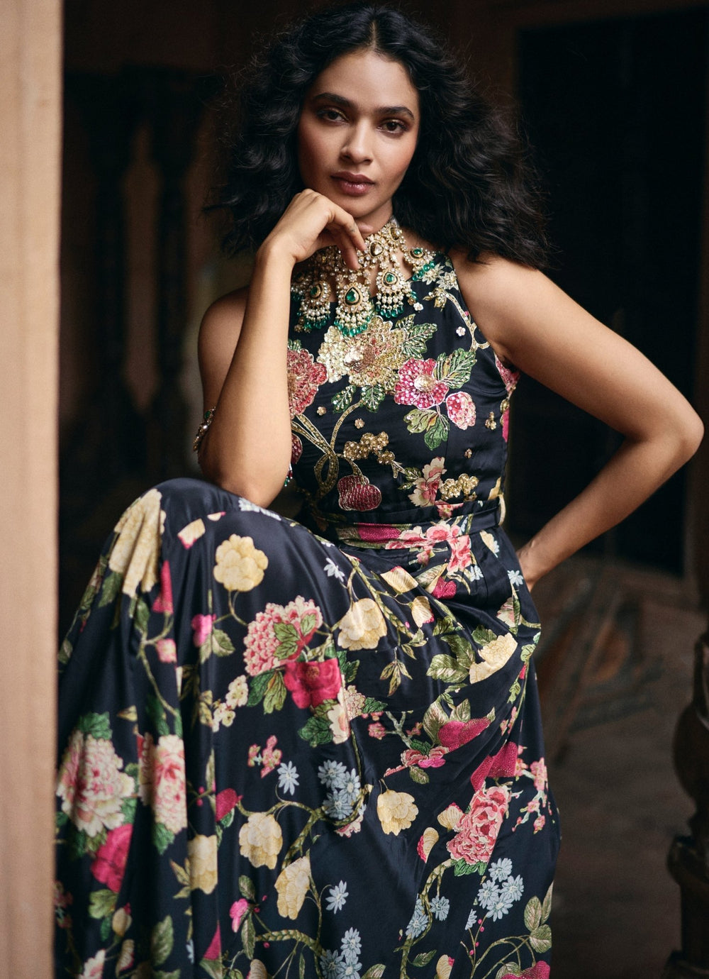Black Floral Printed Crepe Jumpsuit Paulmi and Harsh - Fabilicious Fashion