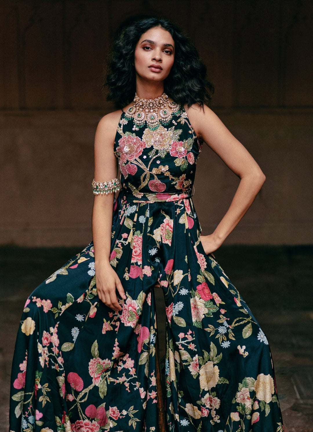 Black Floral Printed Crepe Jumpsuit Paulmi and Harsh - Fabilicious Fashion