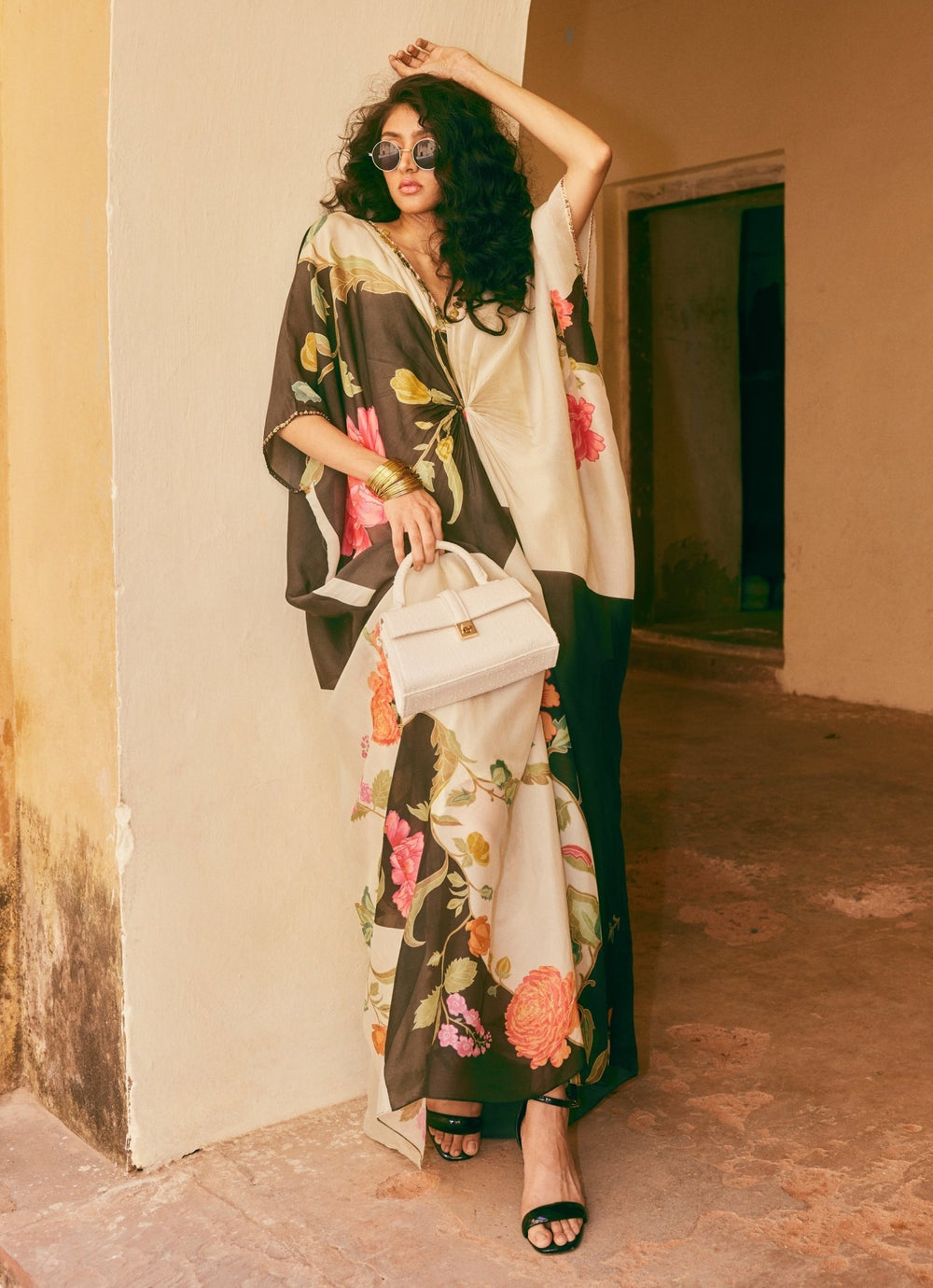 Black Floral Printed Silk Kaftan Paulmi and Harsh - Fabilicious Fashion