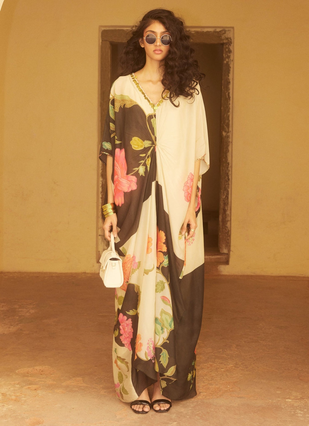 Black Floral Printed Silk Kaftan Paulmi and Harsh - Fabilicious Fashion