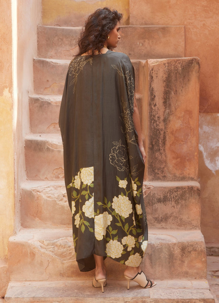 Black Floral Printed Silk Kaftan Paulmi and Harsh - Fabilicious Fashion